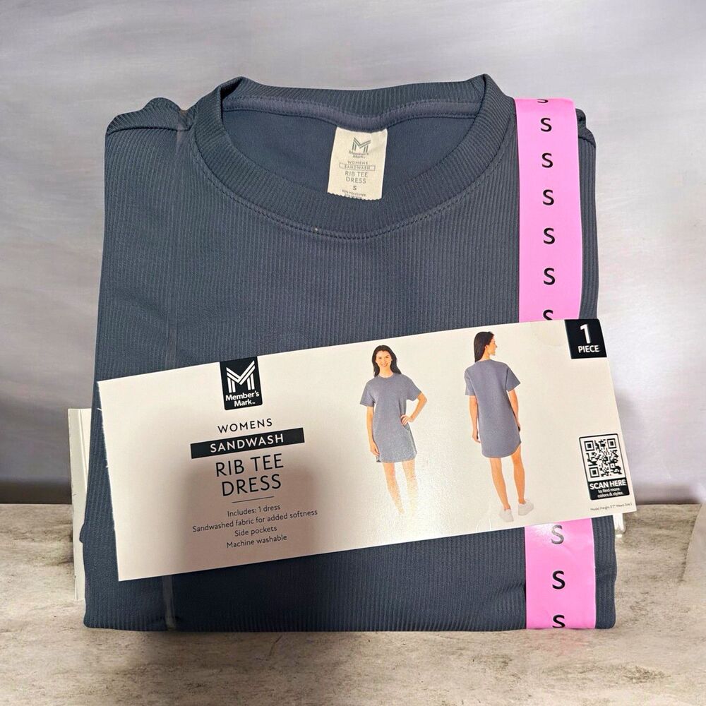 Member's Mark Women's Rib Knit T-Shirt Dress Gray S Crew Neck Pockets Size S